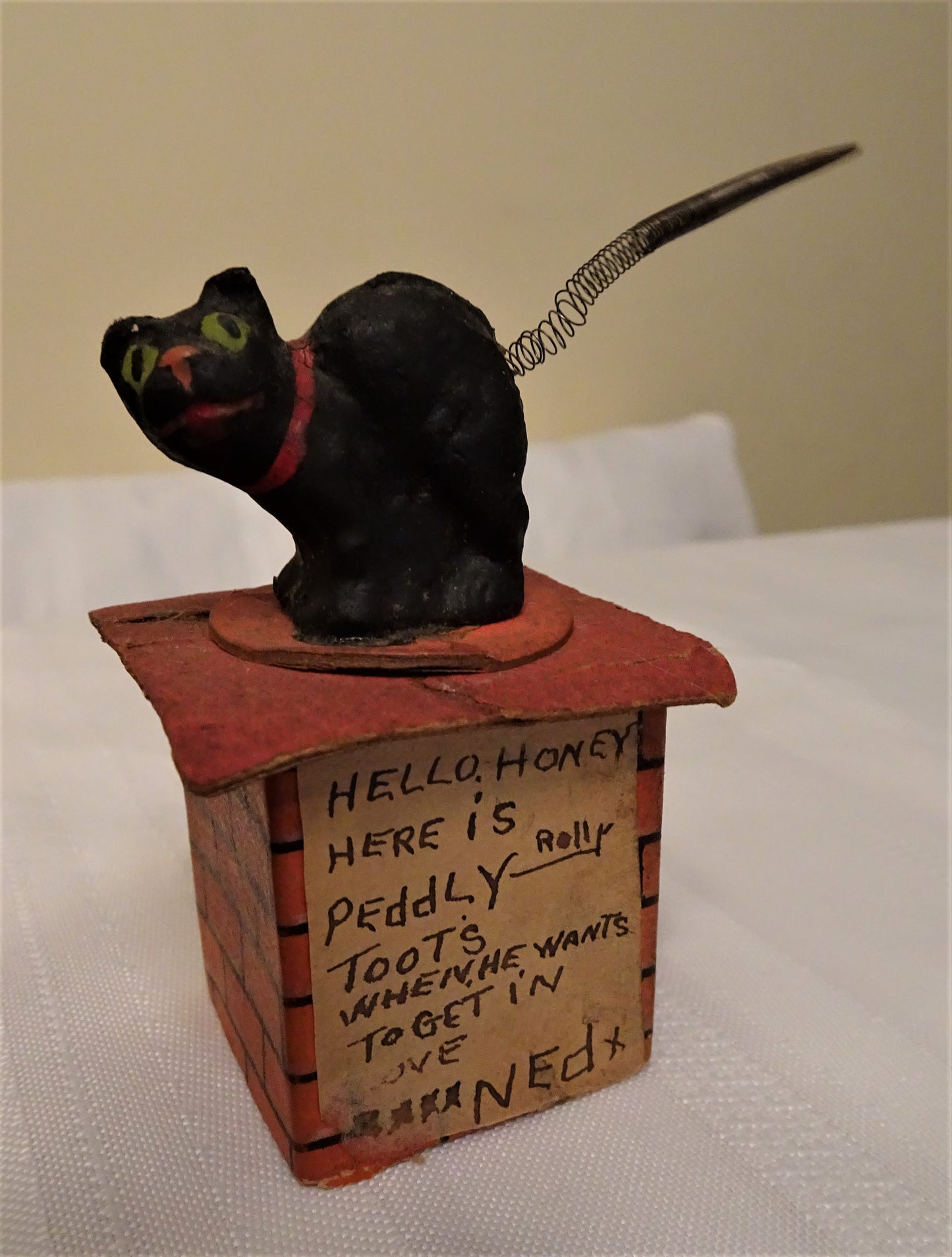 Rare Old German Halloween Small Composition "Black Cat on Chimney Top" Candy Container,