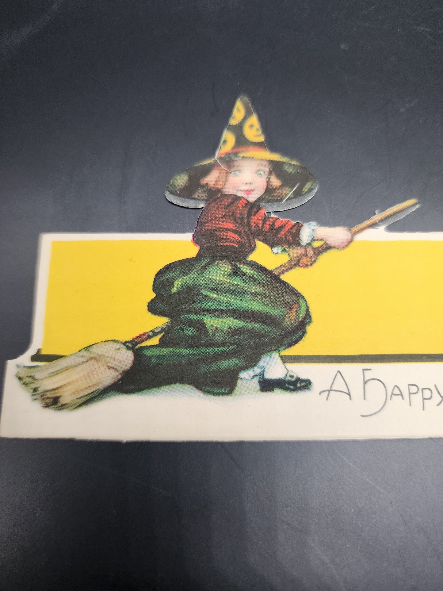 1920's Halloween Hall Brothers place card Girl in witch hat with broom