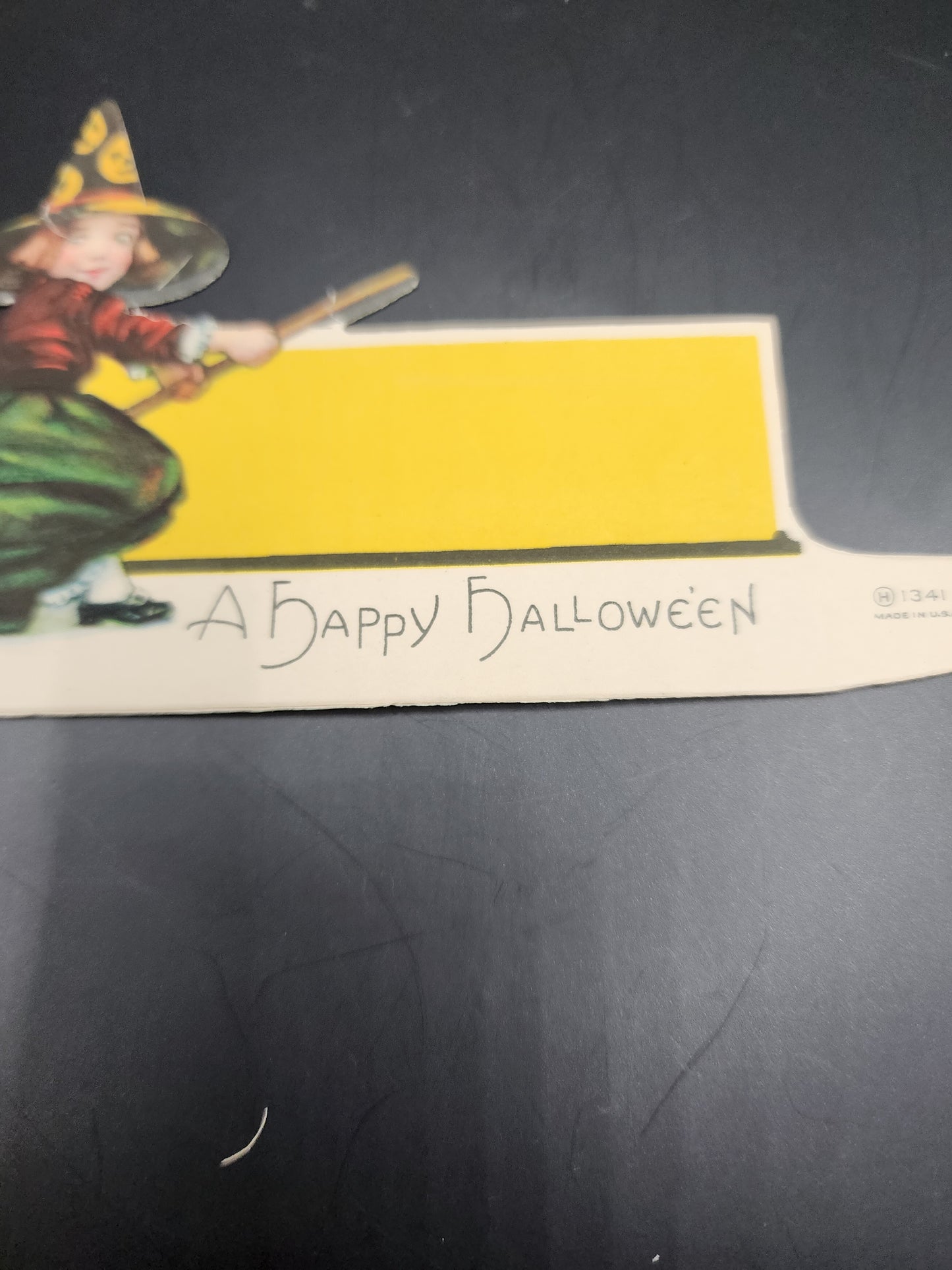 1920's Halloween Hall Brothers place card Girl in witch hat with broom