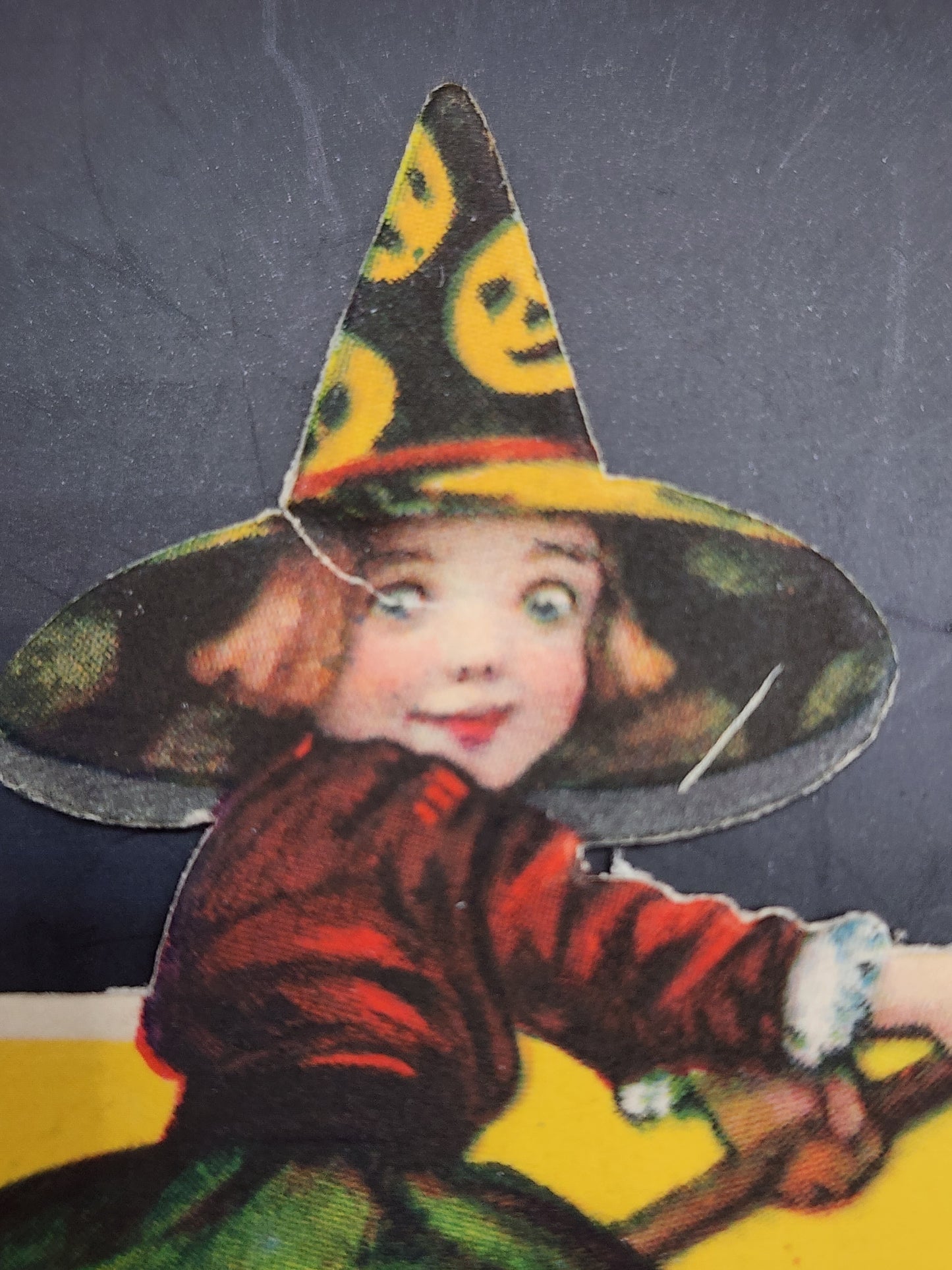 1920's Halloween Hall Brothers place card Girl in witch hat with broom