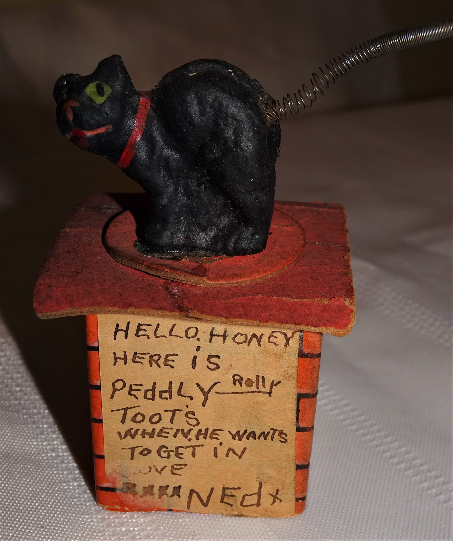 Rare Old German Halloween Small Composition "Black Cat on Chimney Top" Candy Container,