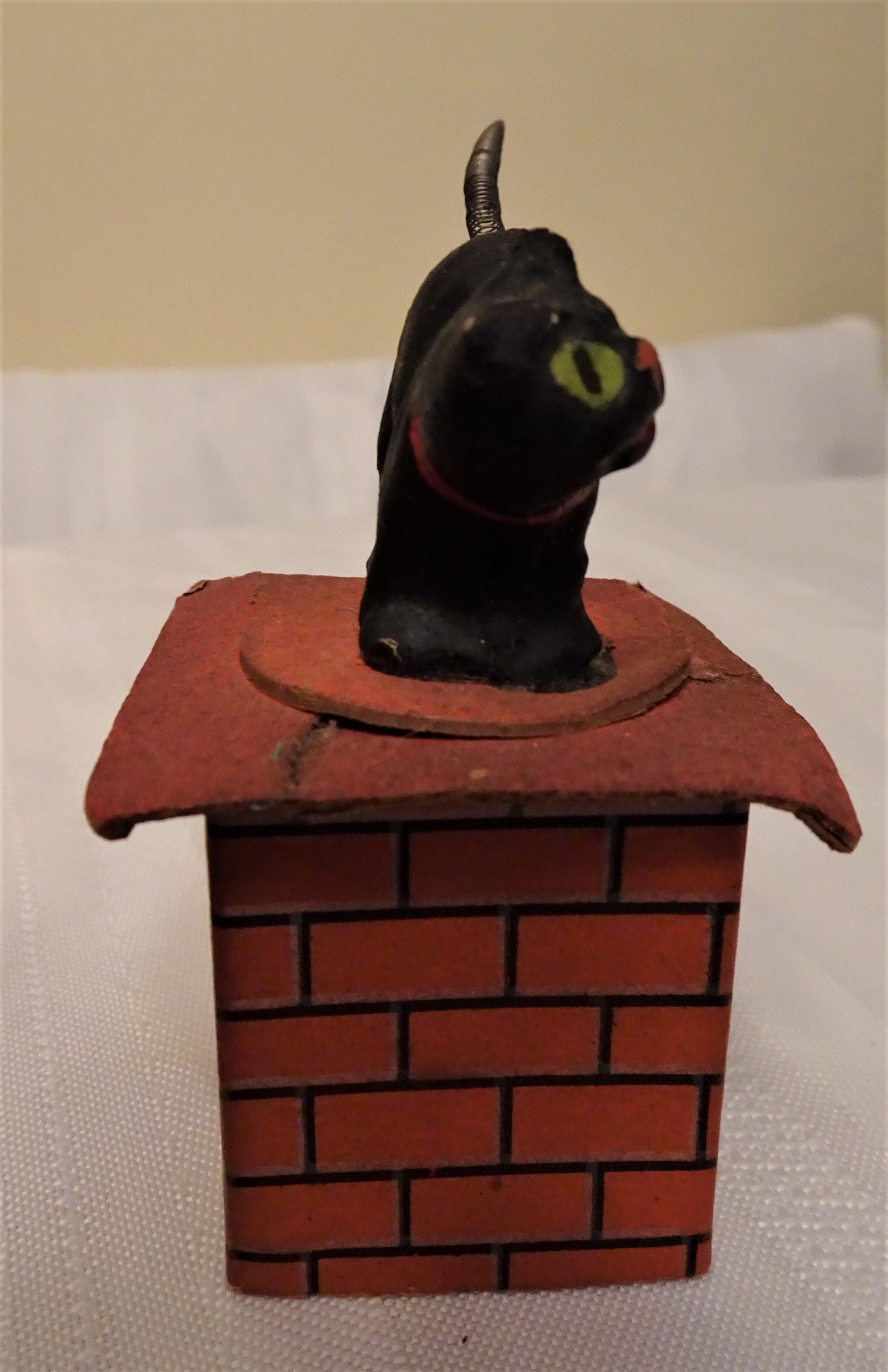 Rare Old German Halloween Small Composition "Black Cat on Chimney Top" Candy Container,