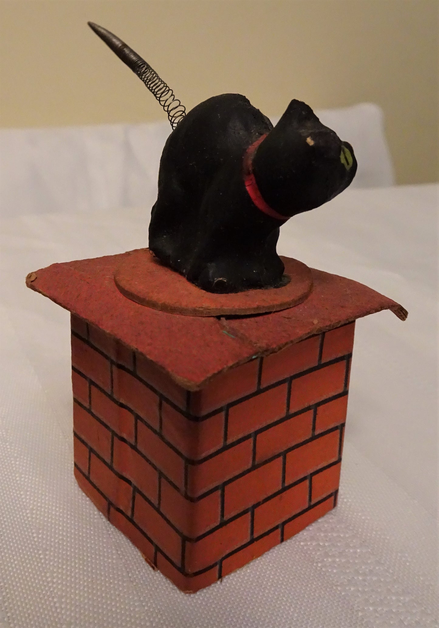 Rare Old German Halloween Small Composition "Black Cat on Chimney Top" Candy Container,