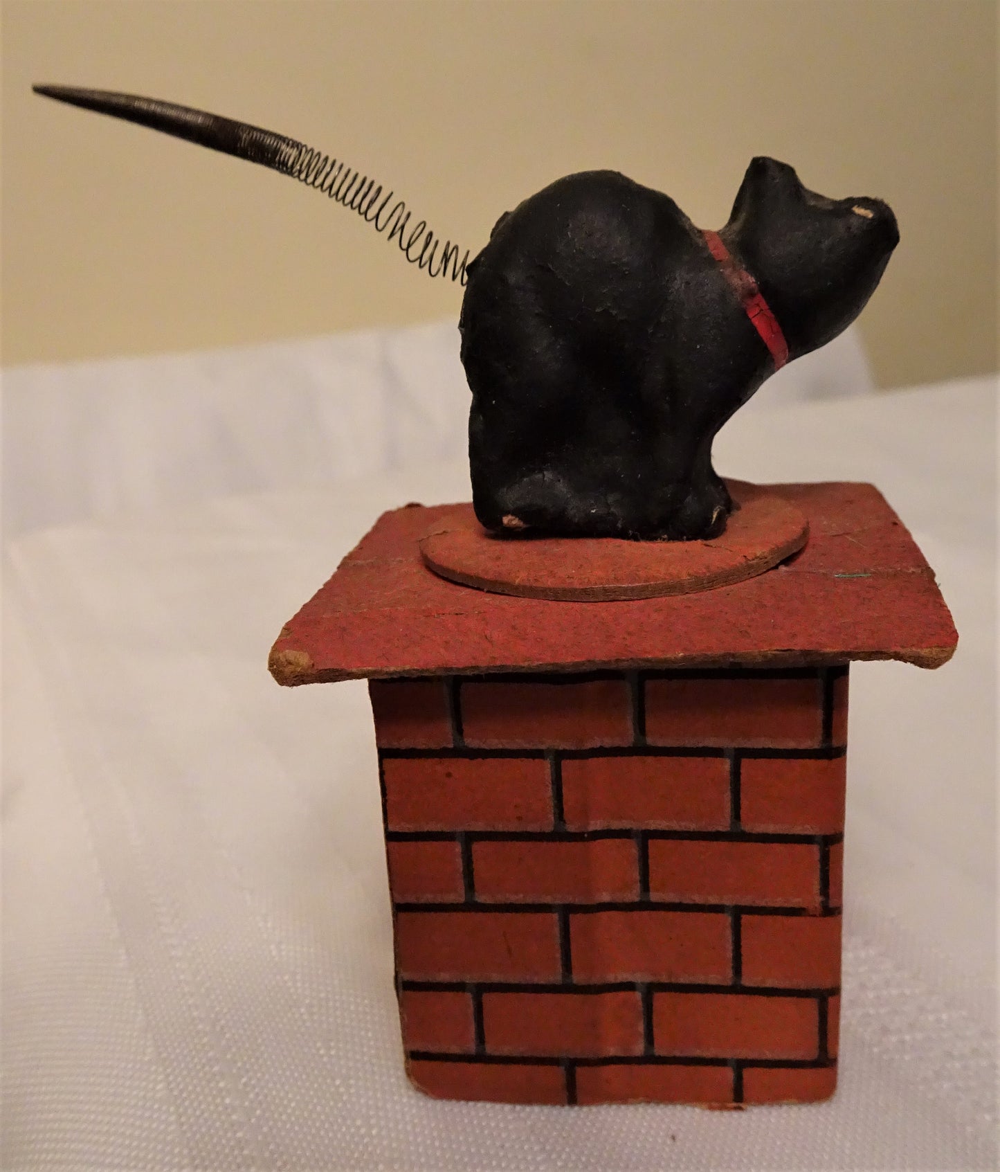 Rare Old German Halloween Small Composition "Black Cat on Chimney Top" Candy Container,