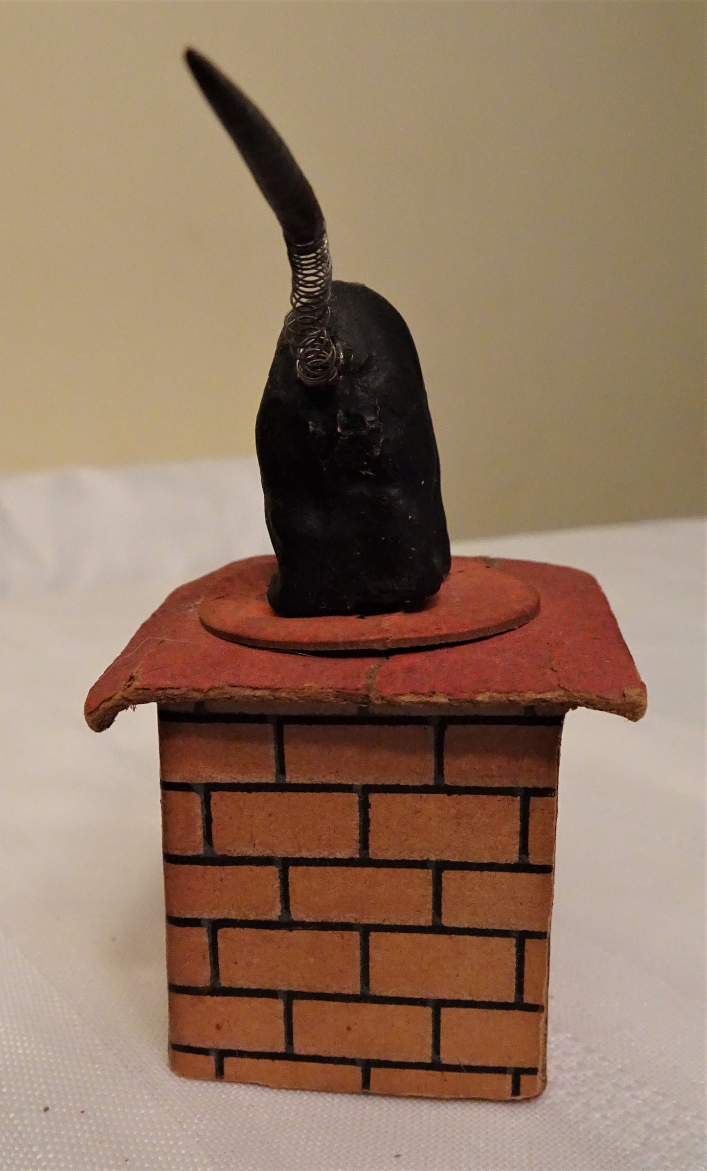 Rare Old German Halloween Small Composition "Black Cat on Chimney Top" Candy Container,