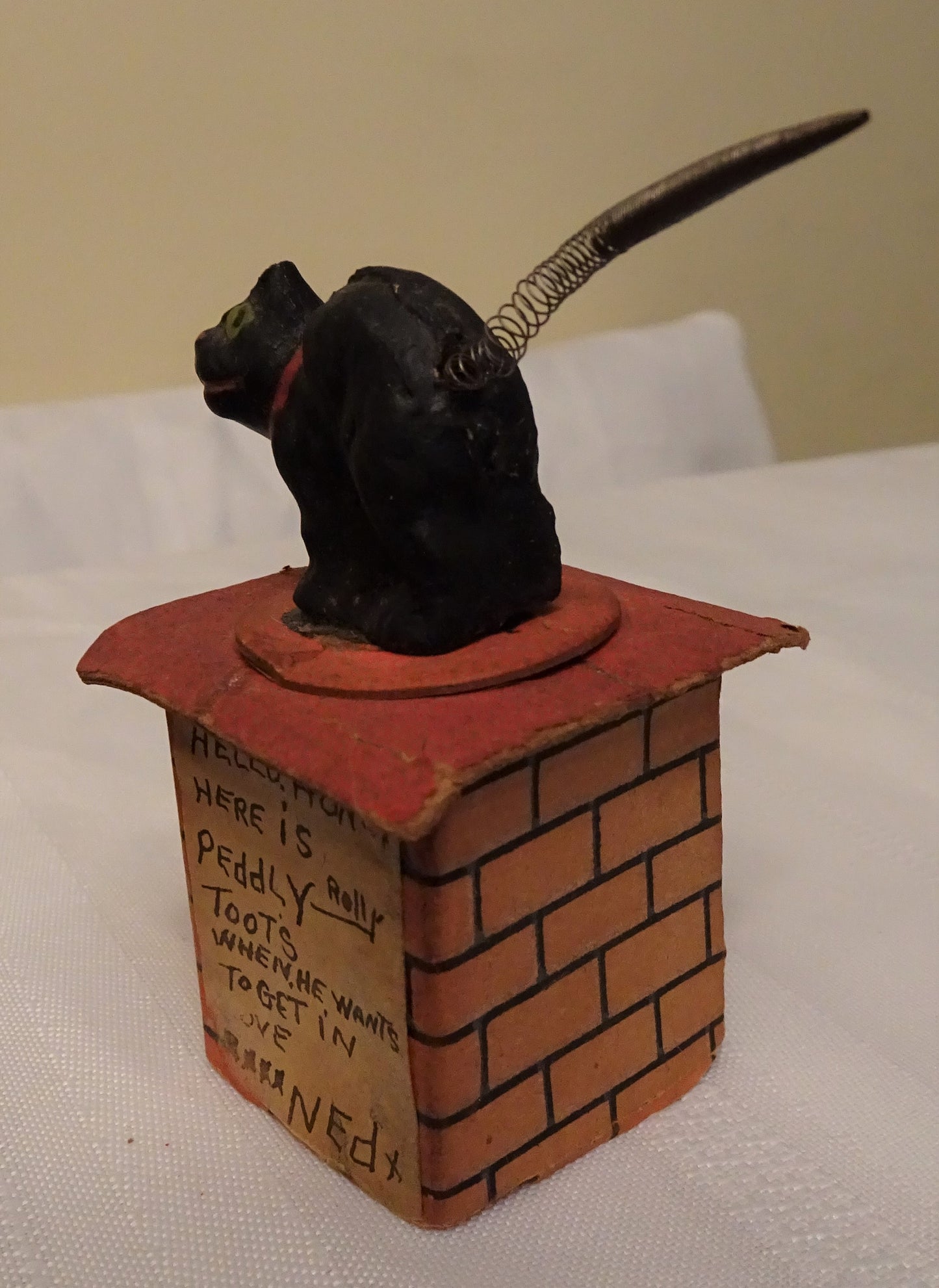 Rare Old German Halloween Small Composition "Black Cat on Chimney Top" Candy Container,