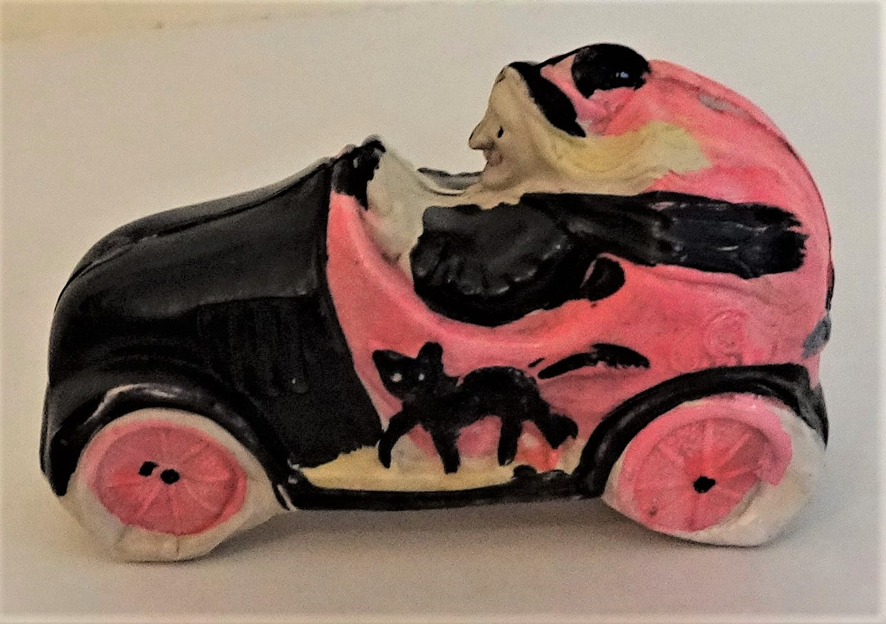 RARE Old Halloween Celluloid Witch in Pumpkin Car with Black Cats Riding on the Running Boards