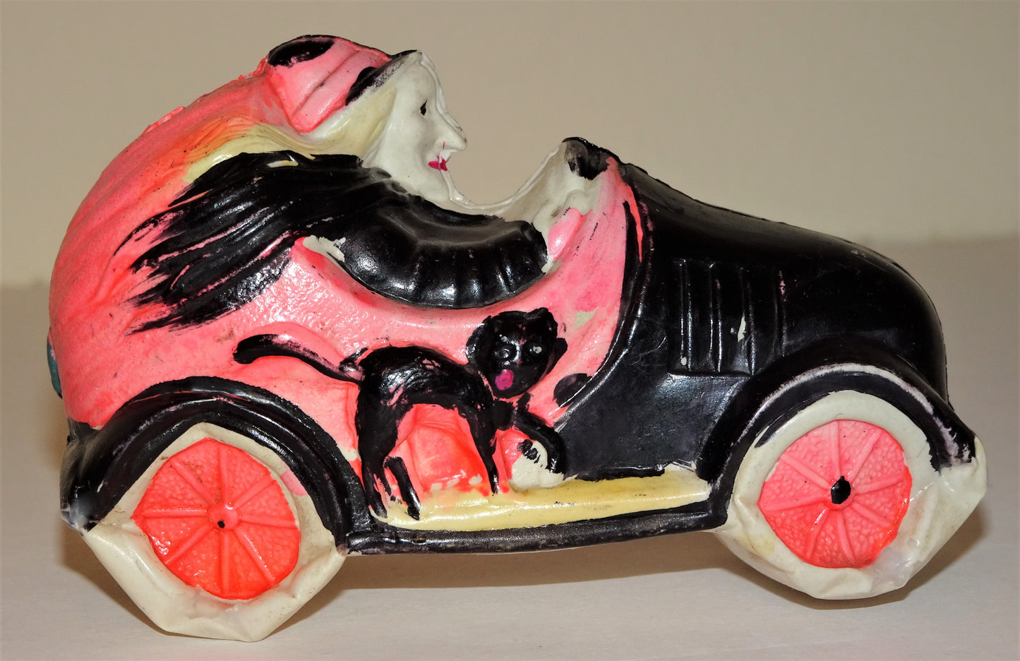 RARE Old Halloween Celluloid Witch in Pumpkin Car with Black Cats Riding on the Running Boards