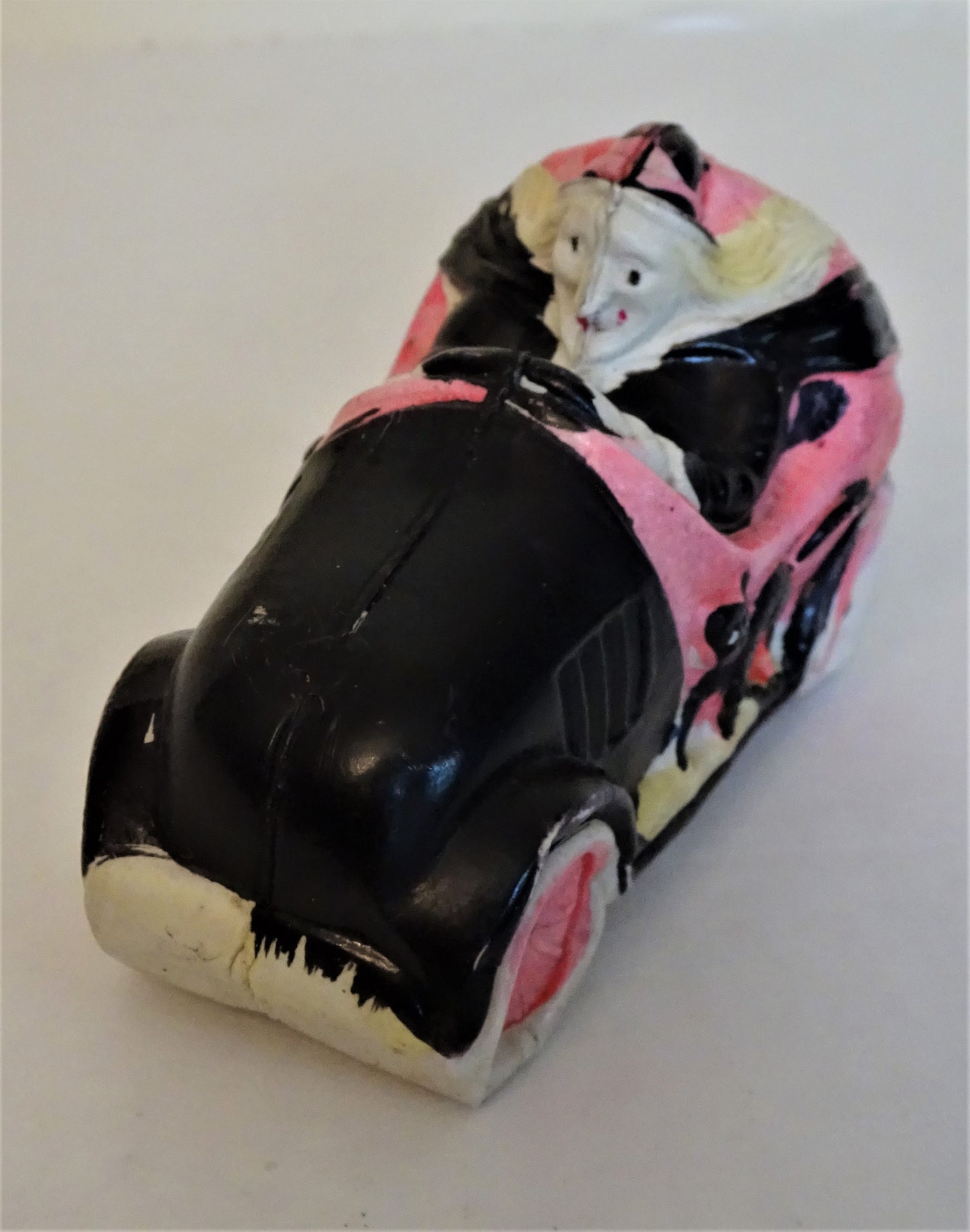 RARE Old Halloween Celluloid Witch in Pumpkin Car with Black Cats Riding on the Running Boards