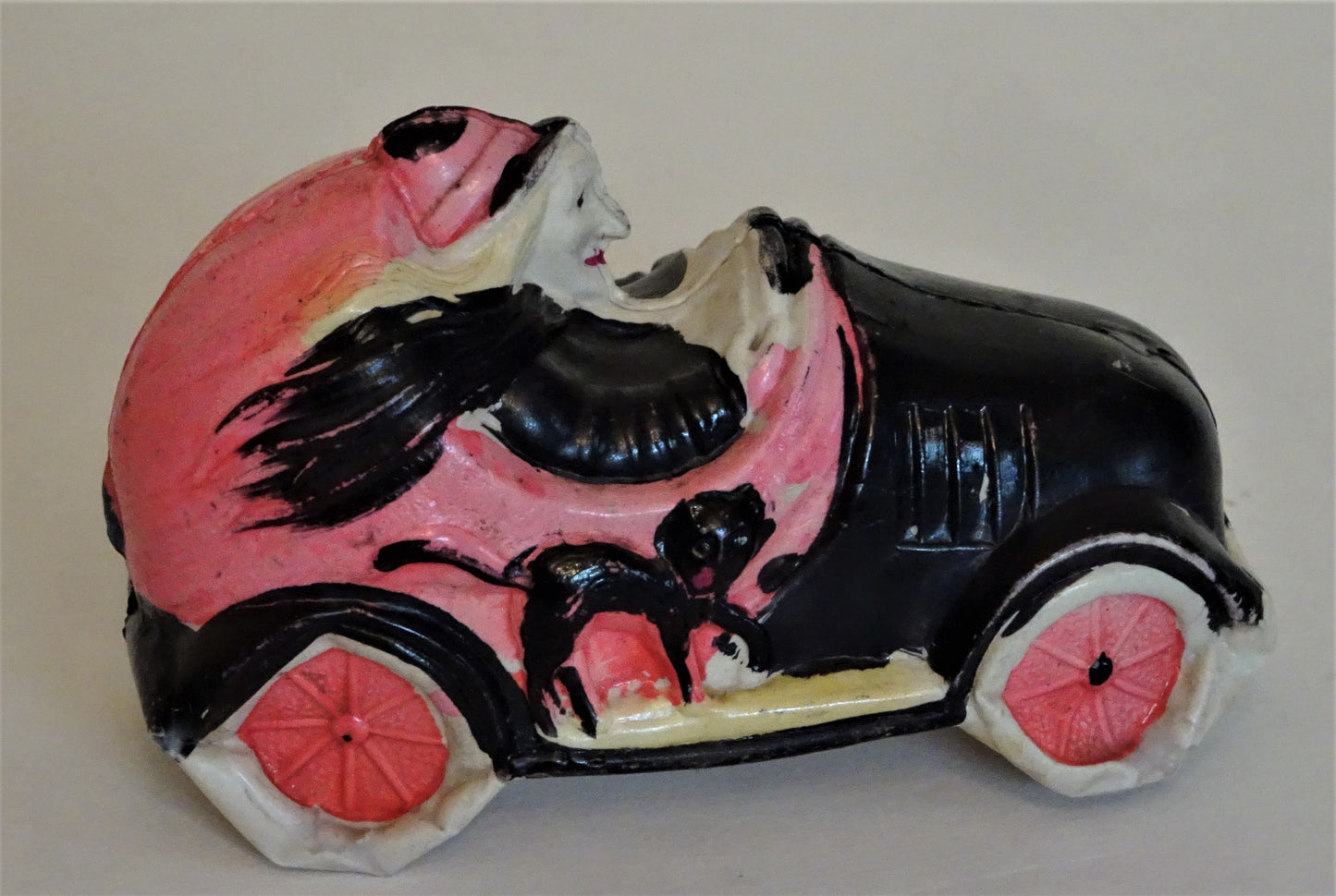 RARE Old Halloween Celluloid Witch in Pumpkin Car with Black Cats Riding on the Running Boards