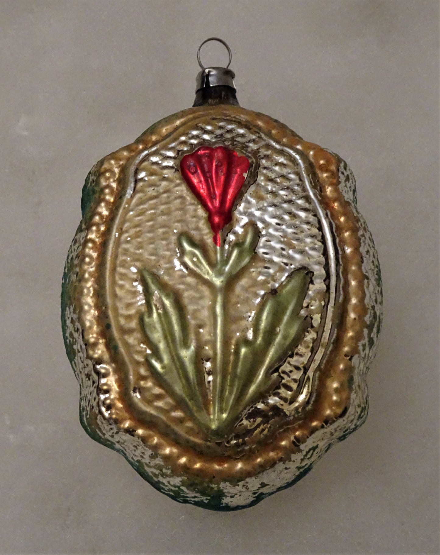 Rare Old German Large, Showy, Double-Sided Ornament with Tulips