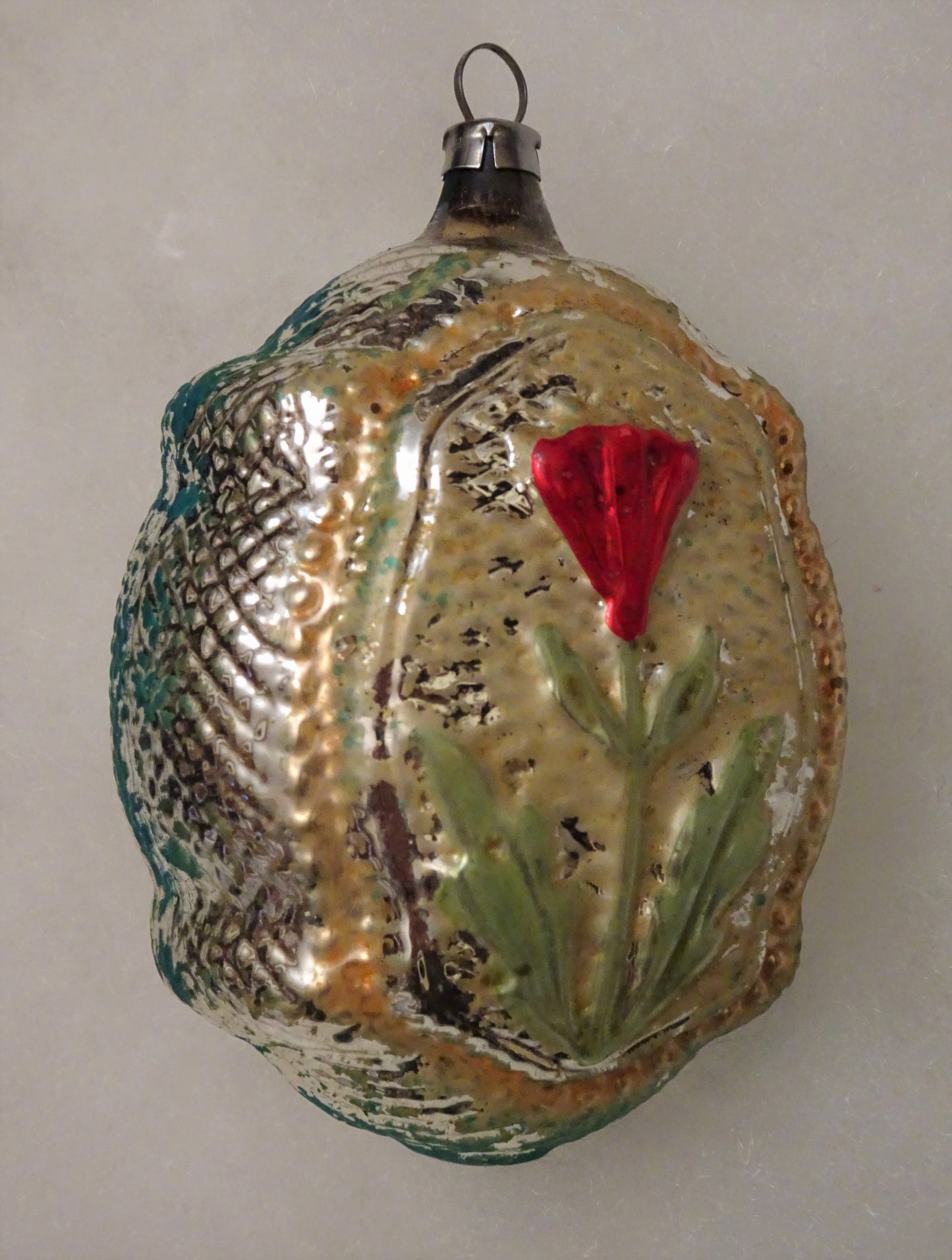 Rare Old German Large, Showy, Double-Sided Ornament with Tulips