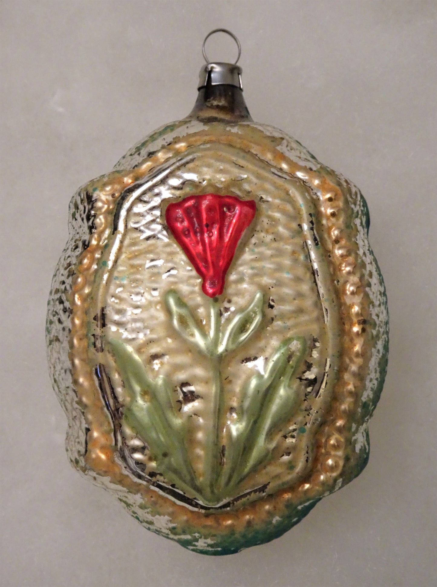 Rare Old German Large, Showy, Double-Sided Ornament with Tulips