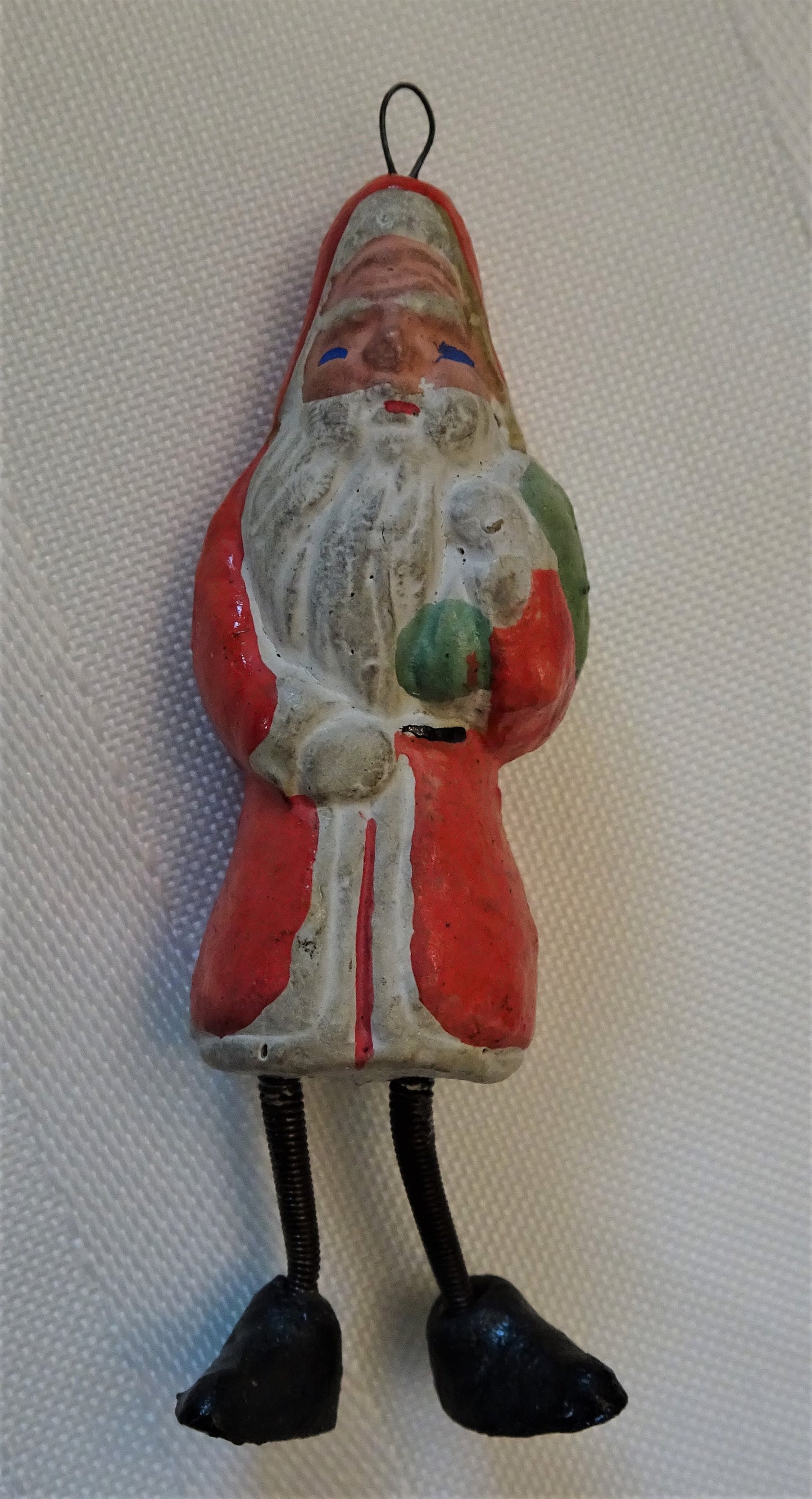 Tiny Old German Heavy Compo Santa Ornament with Spring Legs