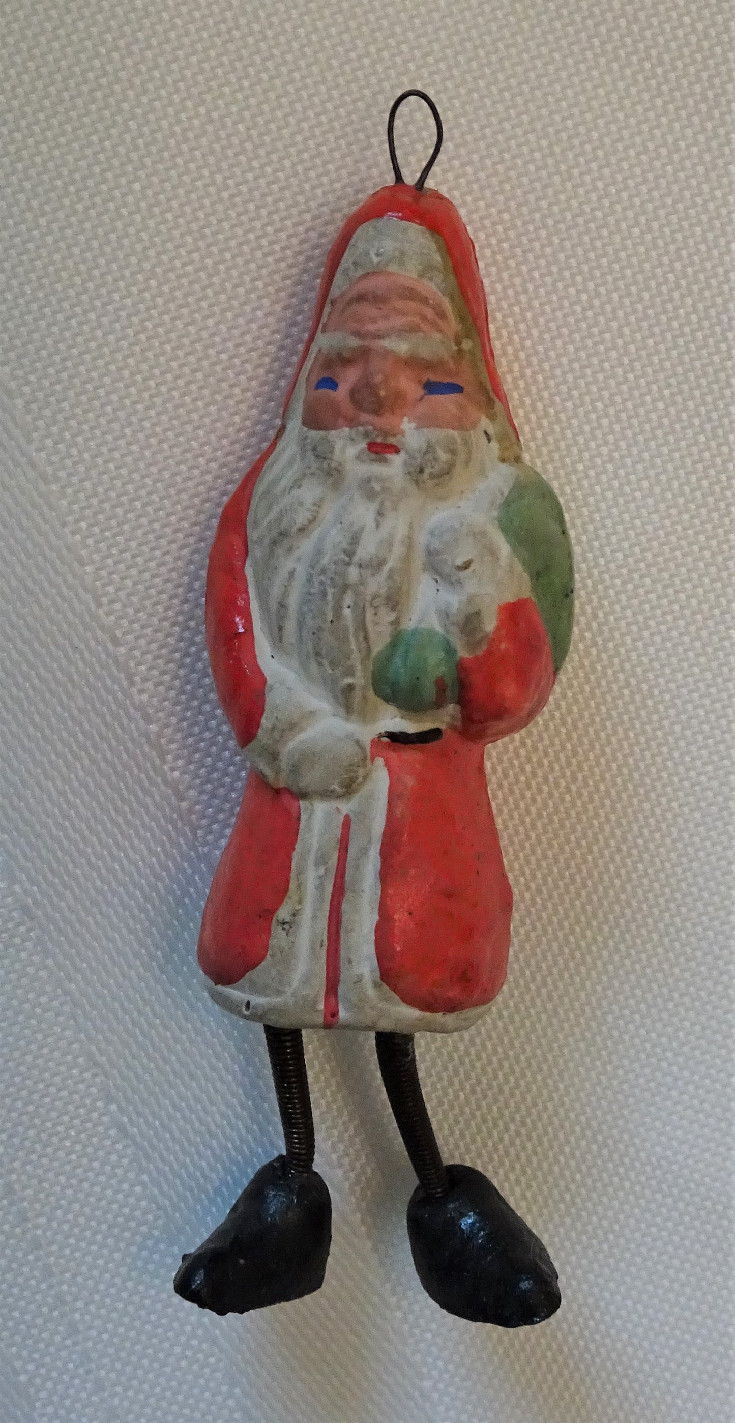 Tiny Old German Heavy Compo Santa Ornament with Spring Legs