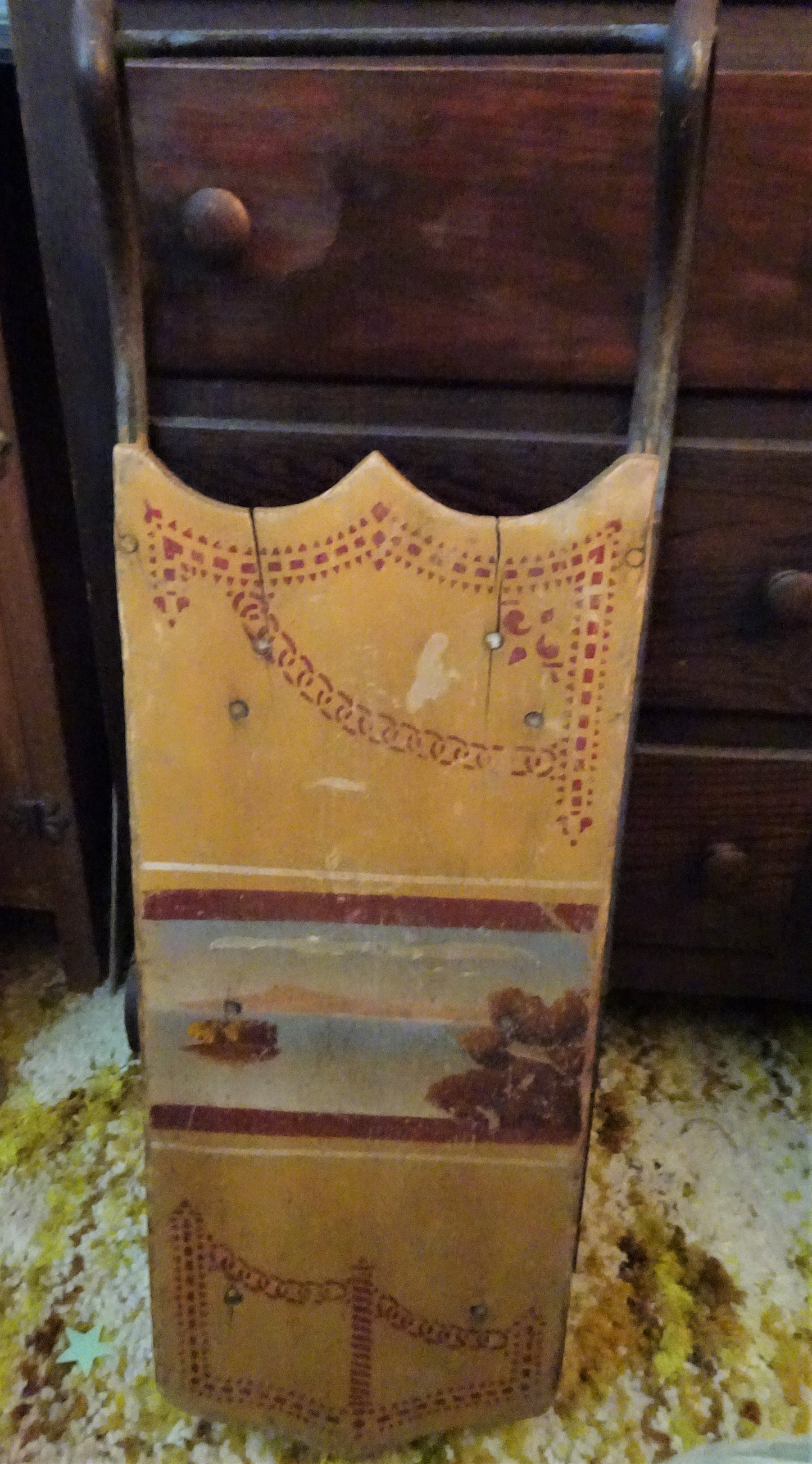 Very Old 19th Century Painted Child's Sled, Mustard Yellow w/ Cast Iron Runners