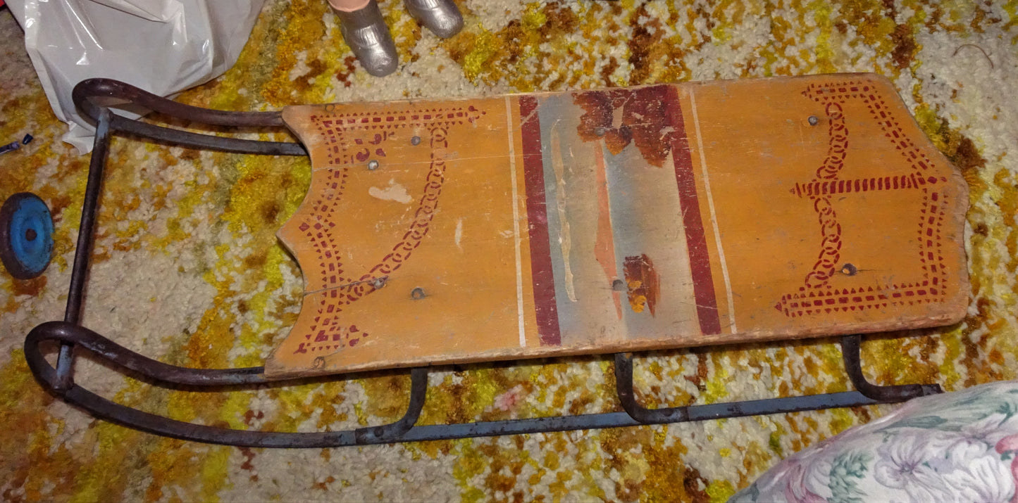 Very Old 19th Century Painted Child's Sled, Mustard Yellow w/ Cast Iron Runners