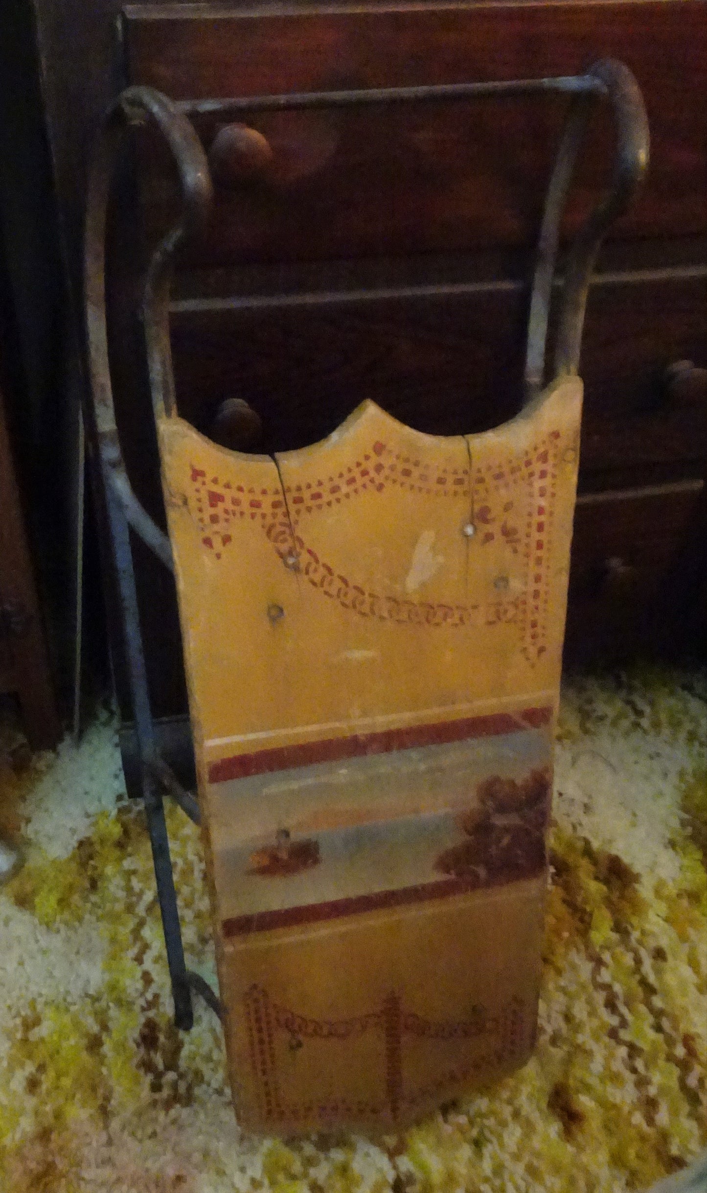 Very Old 19th Century Painted Child's Sled, Mustard Yellow w/ Cast Iron Runners