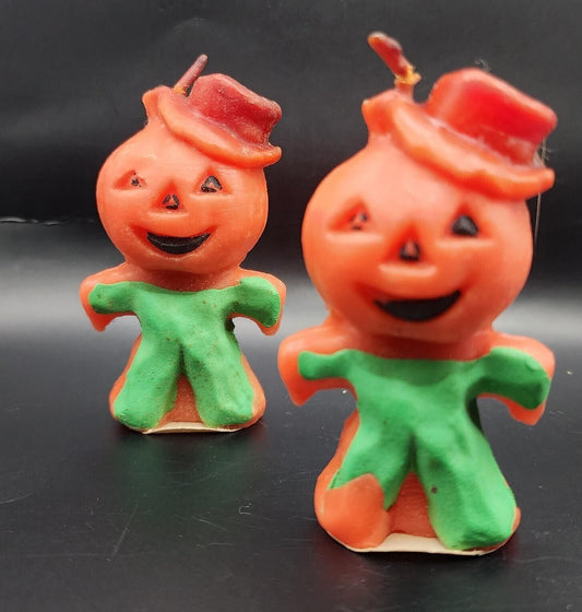 PAIR OF ANTIQUE HALLOWE GURLEY PUMPKIN JACK-O-LANTERN CANDLES 3" TALL EXCELLENT