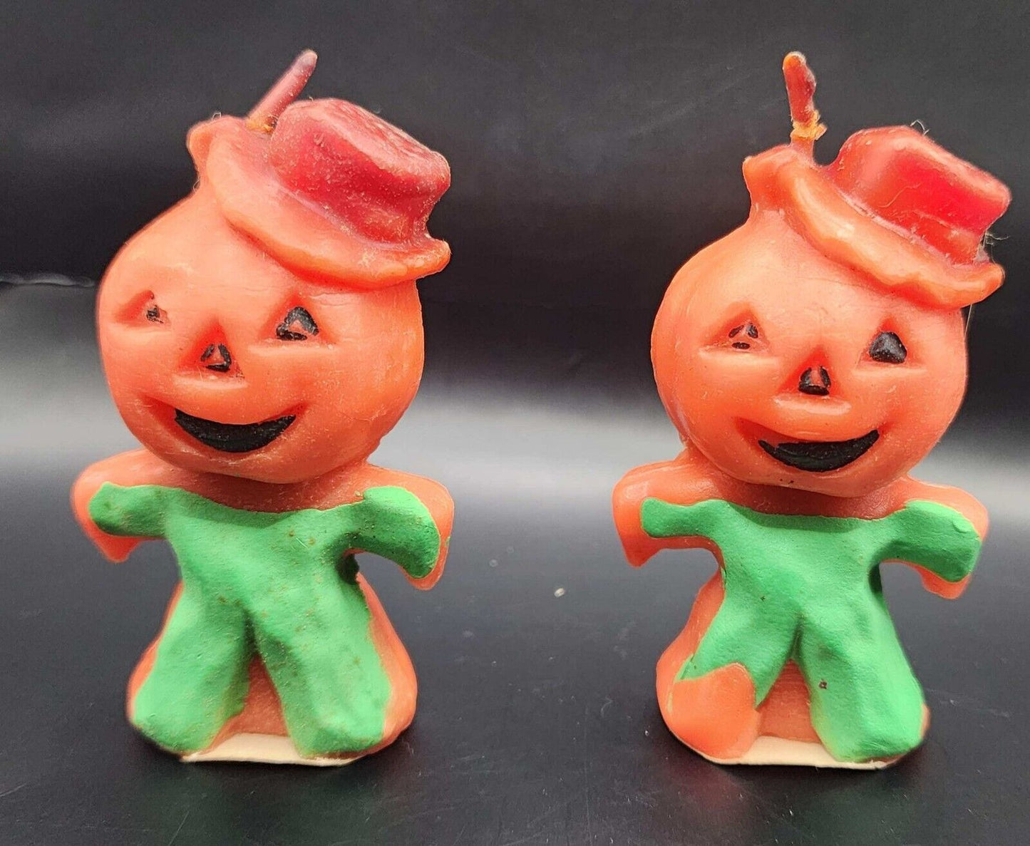 PAIR OF ANTIQUE HALLOWE GURLEY PUMPKIN JACK-O-LANTERN CANDLES 3" TALL EXCELLENT