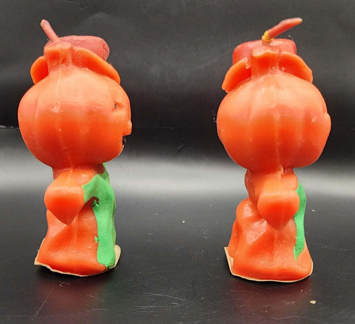 PAIR OF ANTIQUE HALLOWE GURLEY PUMPKIN JACK-O-LANTERN CANDLES 3" TALL EXCELLENT