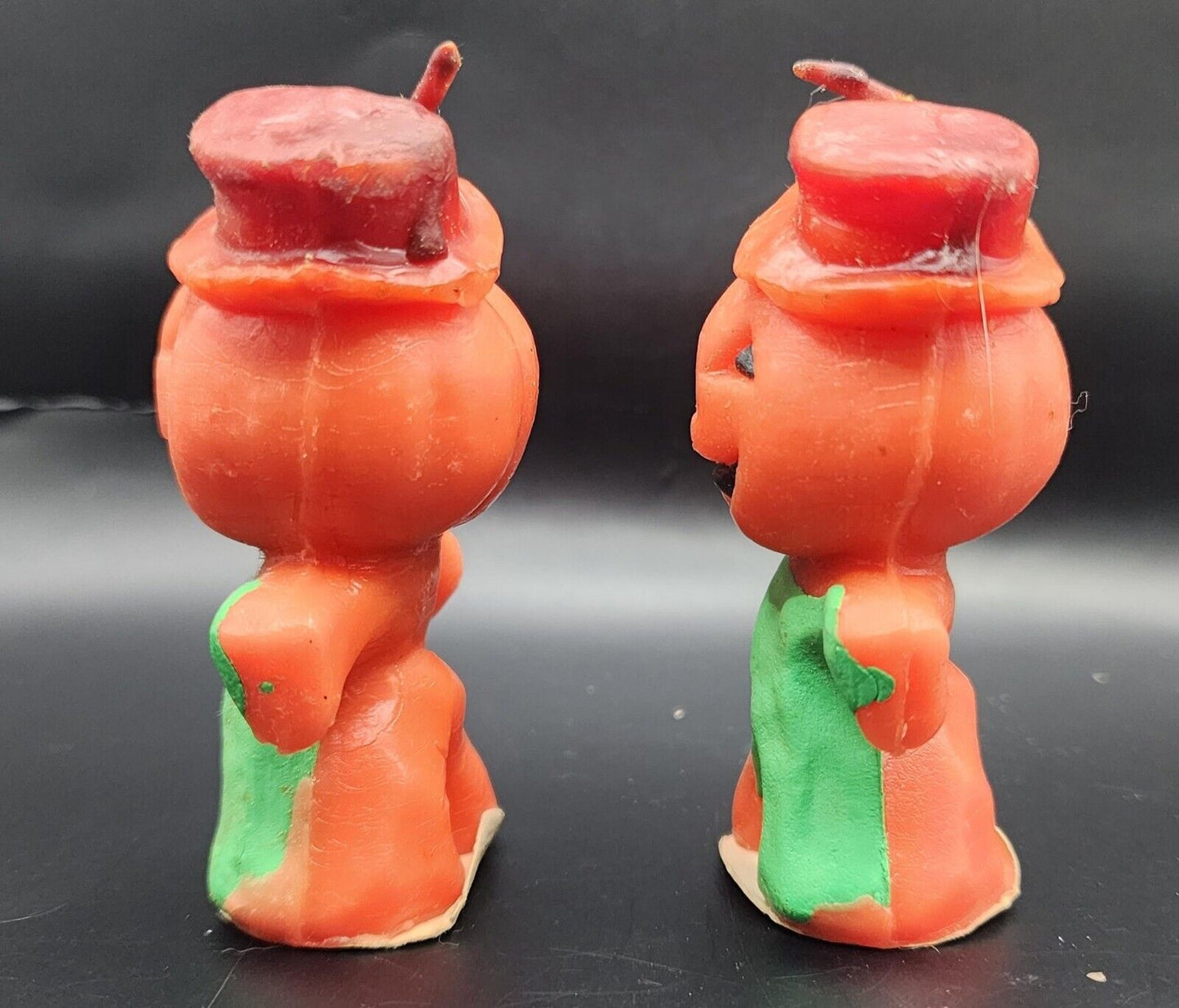 PAIR OF ANTIQUE HALLOWE GURLEY PUMPKIN JACK-O-LANTERN CANDLES 3" TALL EXCELLENT