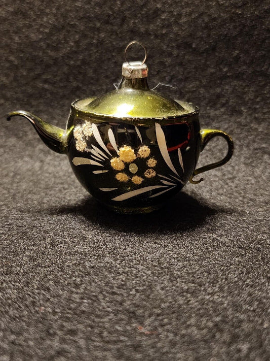 Old Antique German Dark Green Lauscha Teapot Christmas Ornament ~1920s