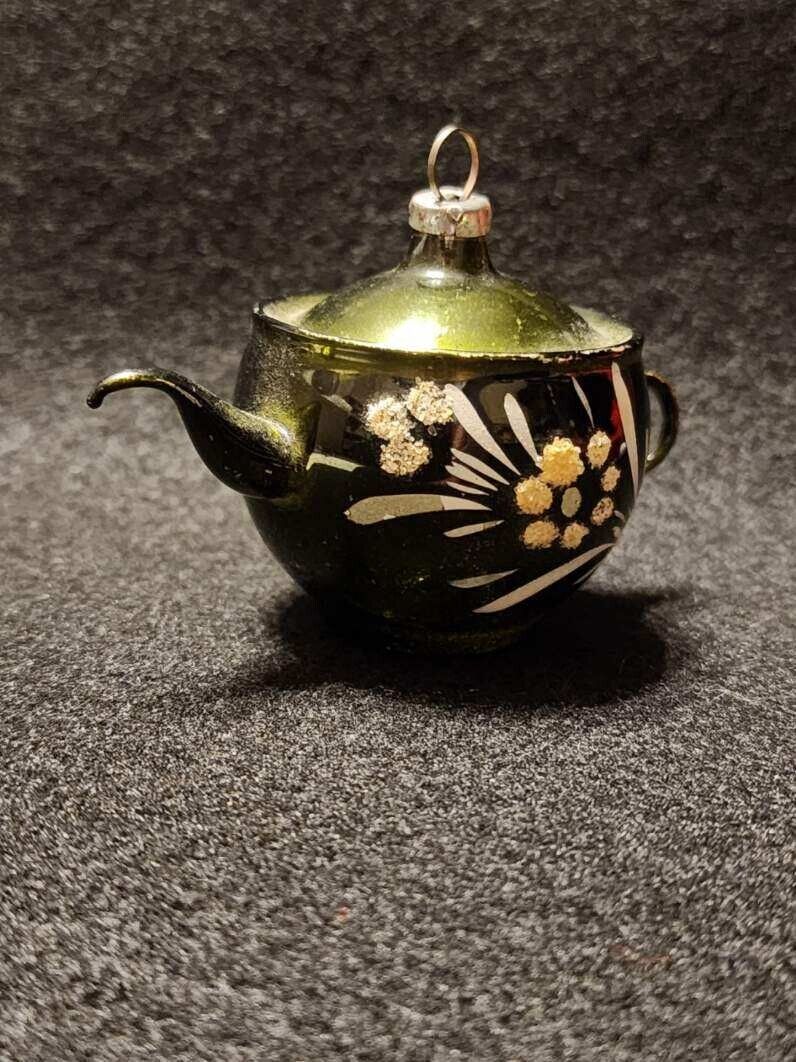 Old Antique German Dark Green Lauscha Teapot Christmas Ornament ~1920s