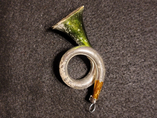 Very Old Antique Small Green Yellow Silver German Horn Christmas Ornament ~1920s