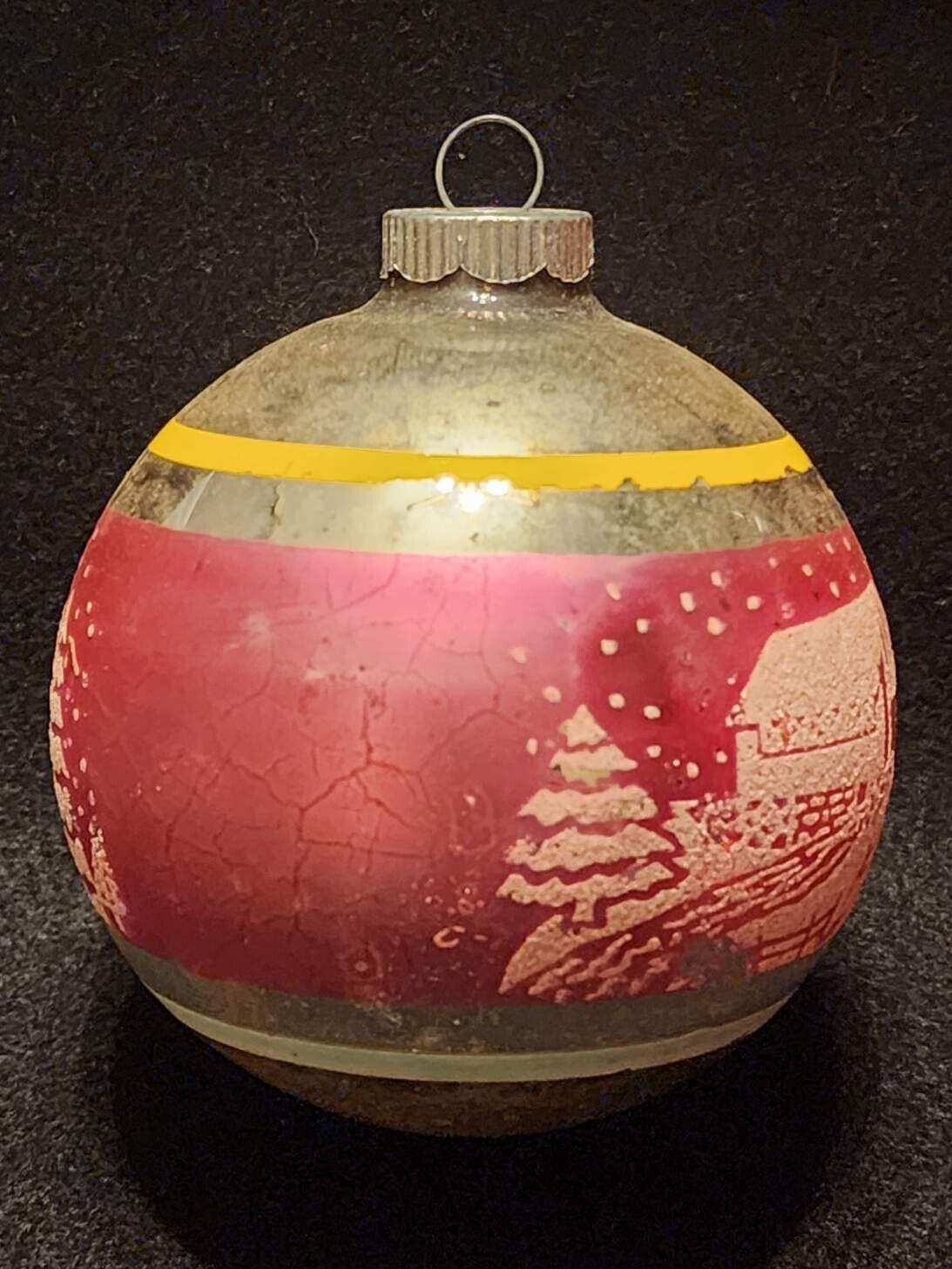 VERY NICE ANTIQUE SHINY BRITE SNOWY COUNTRY FARM SCENE ROUND BALL ORNAMENT