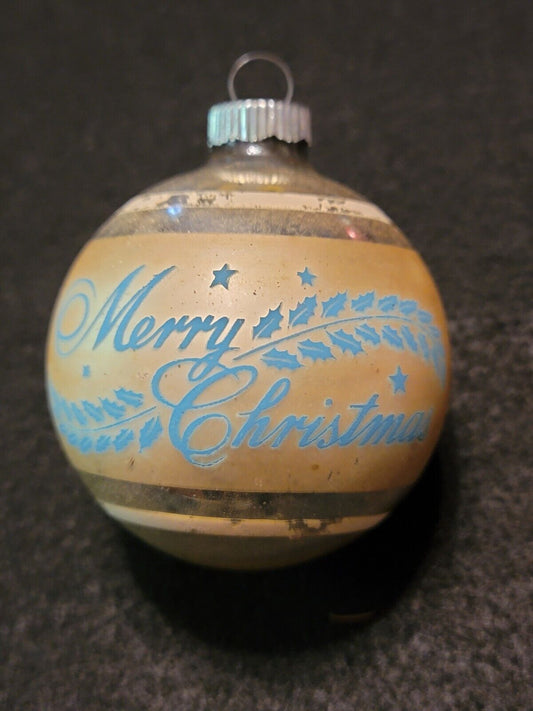 VERY NICE DESIGN ANTIQUE SHINY BRITE MERRY CHRISTMAS ROUND BALL ORNAMENT ~1950