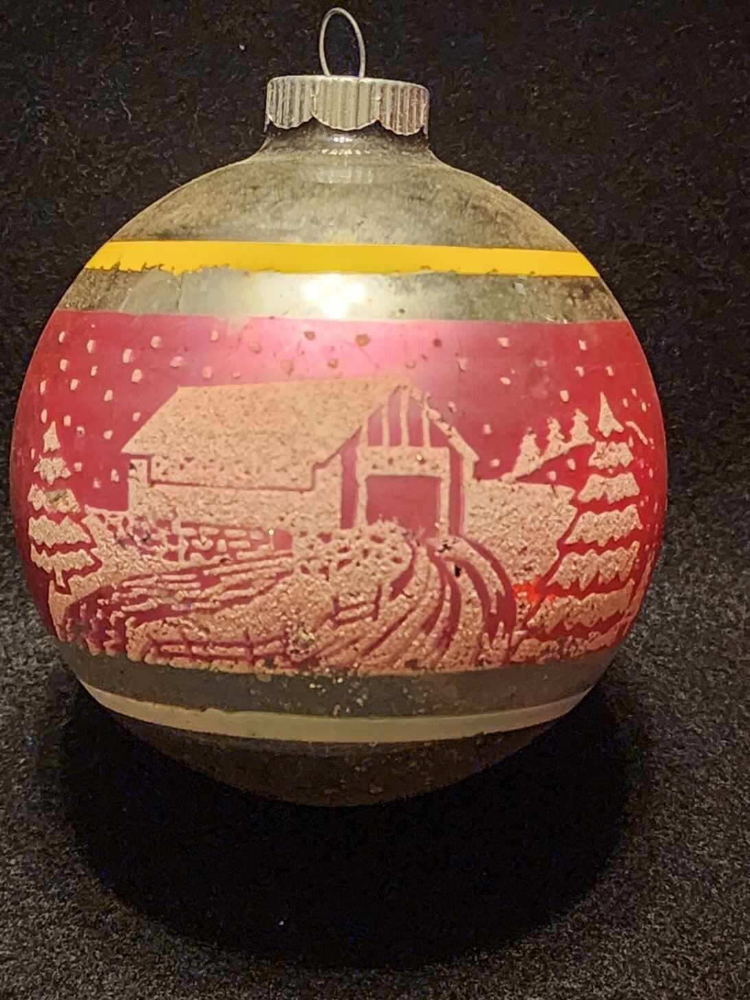 VERY NICE ANTIQUE SHINY BRITE SNOWY COUNTRY FARM SCENE ROUND BALL ORNAMENT