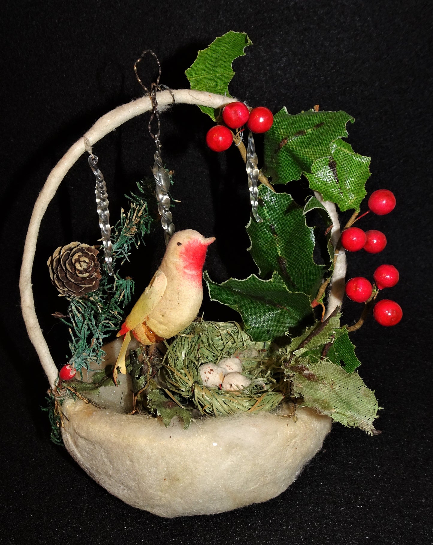 Very Rare, Large Old German Victorian Spun Cotton Basket with Bird and Nest