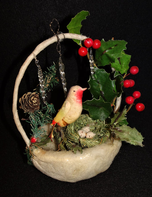 Very Rare, Large Old German Victorian Spun Cotton Basket with Bird and Nest