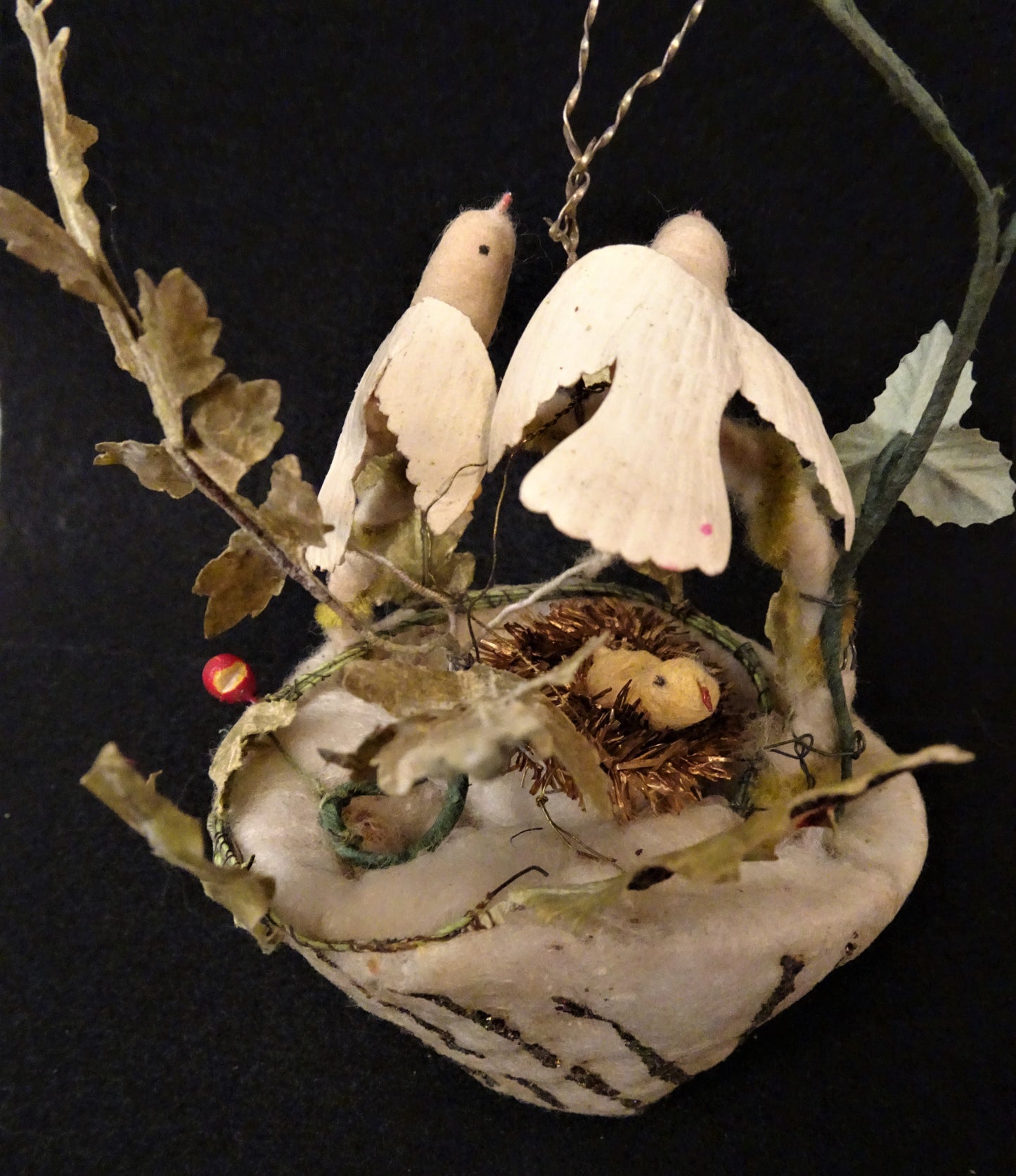 Old German Spun Cotton Basket with a Bird Nest, 2 Cotton Parent Birds, and a Cotton Baby in the Nest