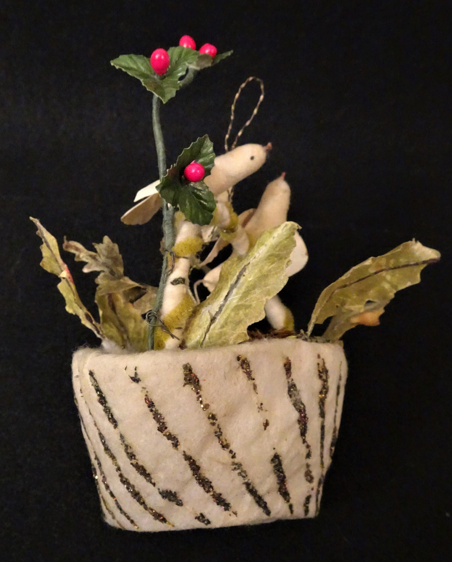 Old German Spun Cotton Basket with a Bird Nest, 2 Cotton Parent Birds, and a Cotton Baby in the Nest